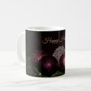Caneca De Café Festa de Natal Enfeites Rosa Folhas Verdes Preto
