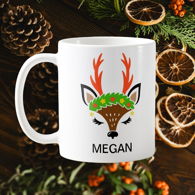 Caneca De Café Festive Berry Wreath Holiday Antlers Reindeer Face (Festive Berry Wreath Holiday Antlers Reindeer Face Coffee Mug
)