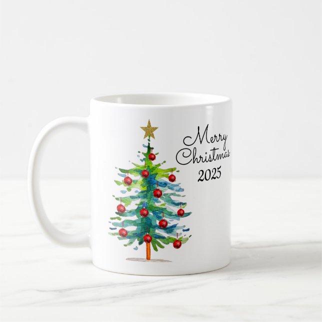 Caneca De Café Festive Christmas Tree With Red Ornaments (Esquerda)
