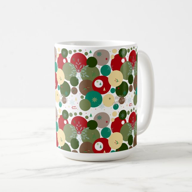 Caneca De Café Festive Circles with Snowflakes, Trees & Mistletoe (Frente Esquerda)