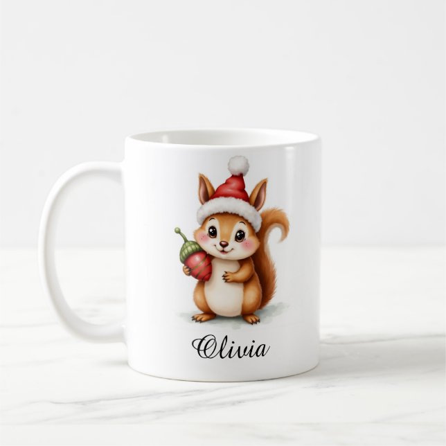 Caneca De Café Festive Squirrel in Santa Hat Custom Name Mug (Esquerda)