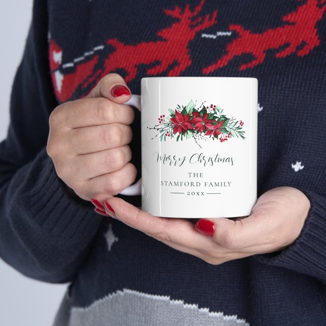 Caneca De Café Festivo Família Poinsettia Natal Personalizado (Poinsettia Floral Christmas White 11oz Coffee Mug)