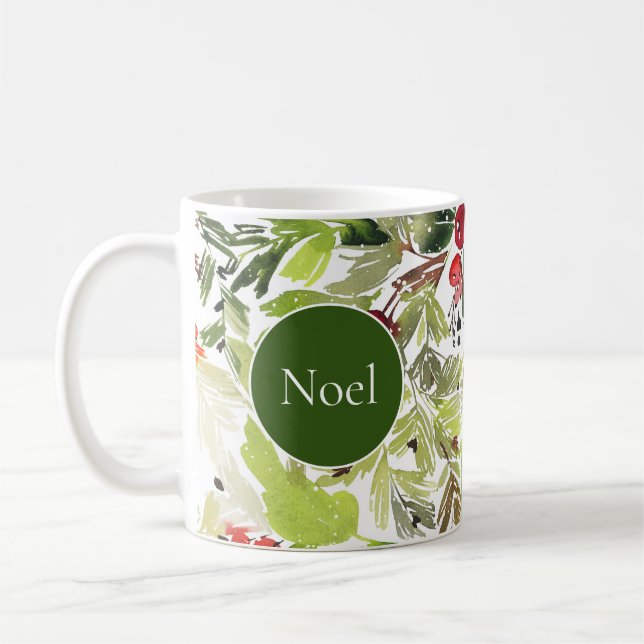 Caneca De Café Festivo Holly Berry e Evergreen Watercolor (Esquerda)