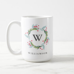 Caneca De Café Festivo Holly Watercolor Foliage Wreath & Monogram