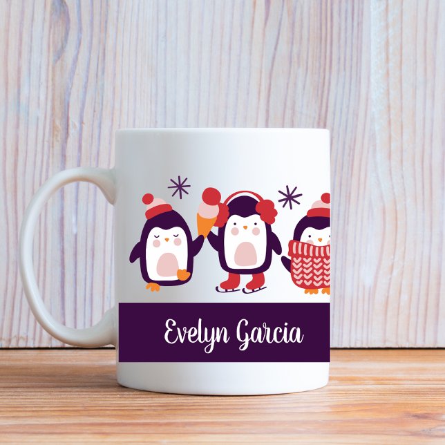 Caneca De Café Festivo Pinguim Nome Personalizado Feriado Present (Criador carregado)