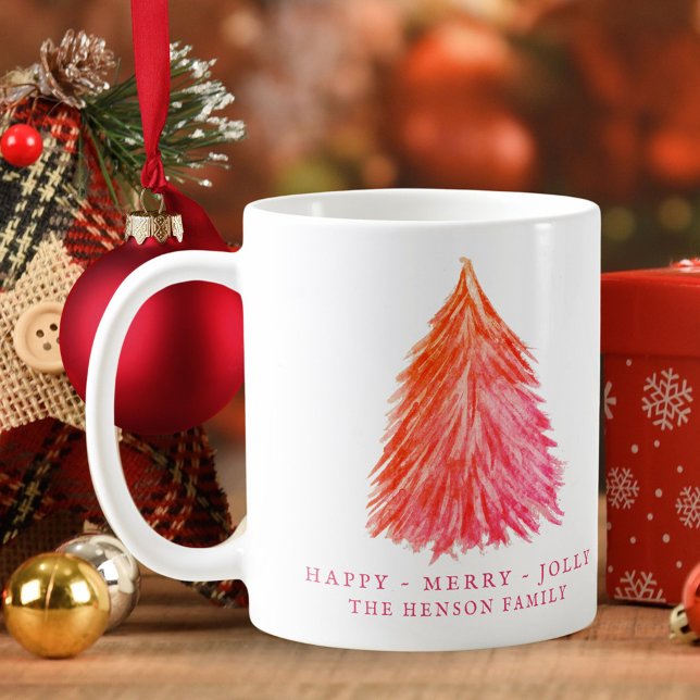 Caneca De Café Festivo Red Christmas Tree Watercolor Holiday (Criador carregado)