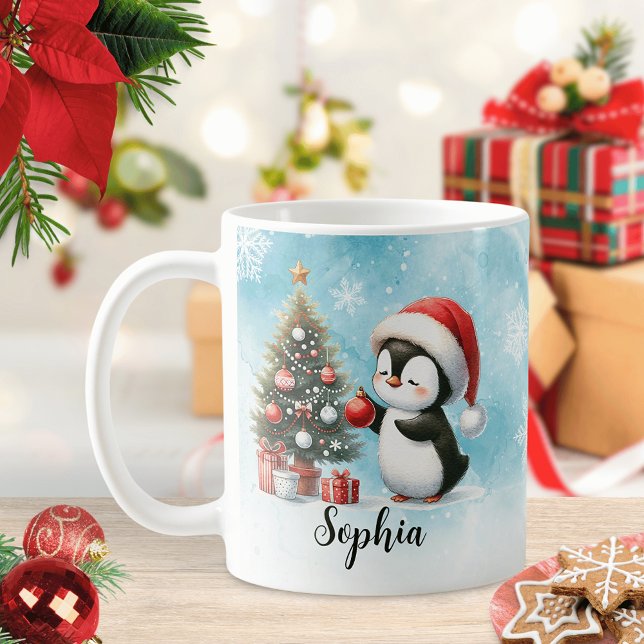 Caneca De Café Festivo Vermelho e Pinguim Azul Festivo no Natal (Criador carregado)