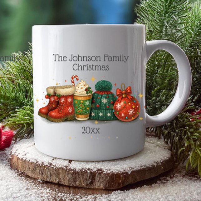Caneca De Café Festivo Winter Boots Hats Family Christmas (Festive boots, hat, ornaments and coffee Christmas family name and year mug)