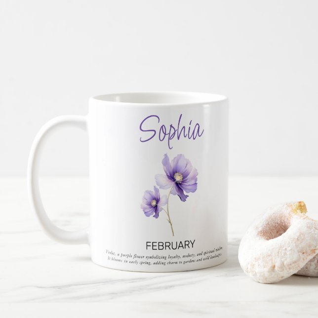 Caneca De Café Fevereiro - Flor de Nascimento Personalizado (Com Donut)