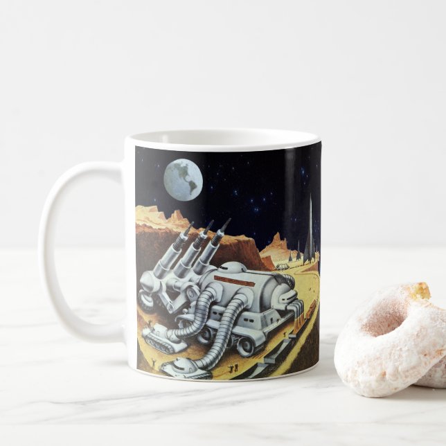 Caneca De Café Ficção científica retrô, Estação Espacial na Lua (Com Donut)