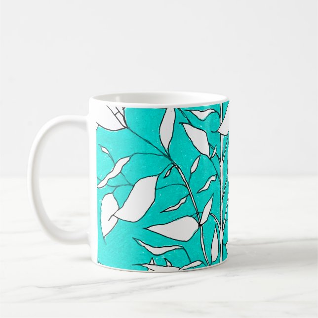 Caneca De Café Ficus Tree Plant Line Drawing Blue Background (Esquerda)