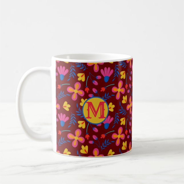 Caneca De Café Fiesta Floral Personalizada Inicial (Esquerda)