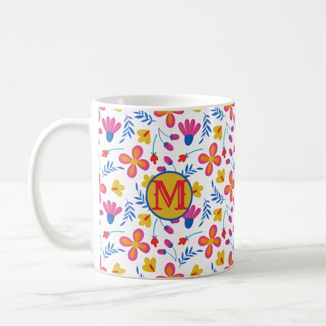 Caneca De Café Fiesta Floral Personalizada Inicial (Esquerda)