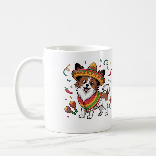 Caneca De Café Fiesta Papillon Dog Vestindo Sombrero e Sarape (Esquerda)