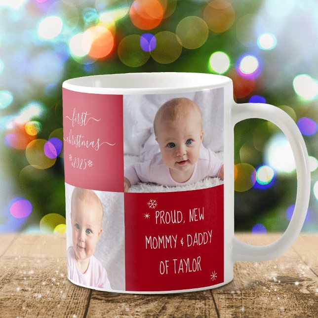 Caneca De Café Filha Primeiro Natal Novo Mãe Pai 2 Fotografia Per (Criador carregado)