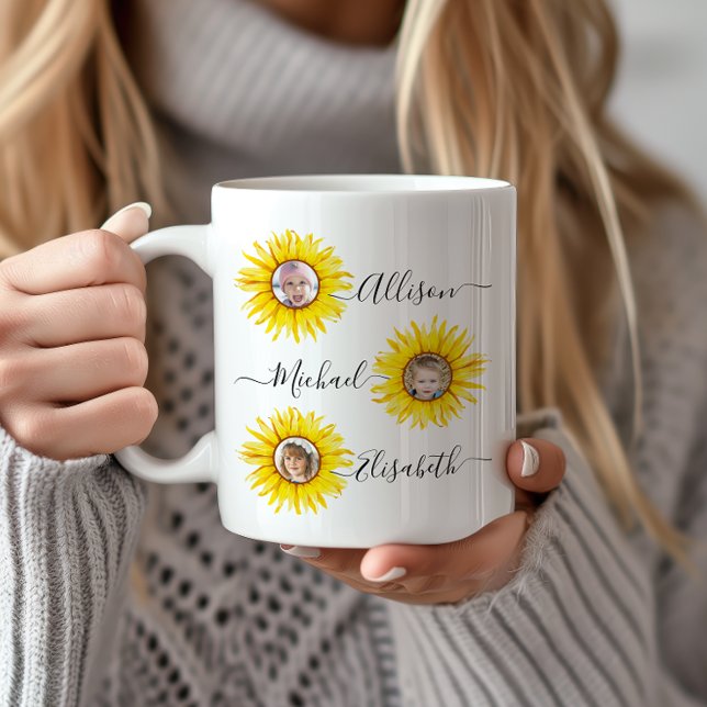 Caneca De Café Filhos de girassol | Foto para netos (Capture cherished moments with this personalized mug adorned with photos of your grandchildren.)