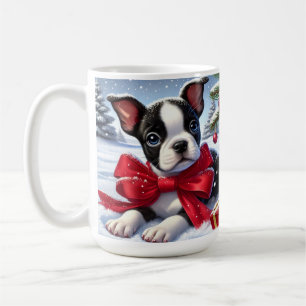 Caneca De Café Filhote com Laço Vermelho em Cena de Natal Nevada