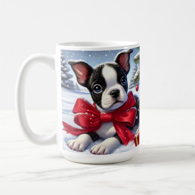 Caneca De Café Filhote com Laço Vermelho em Cena de Natal Nevada (Esquerda)