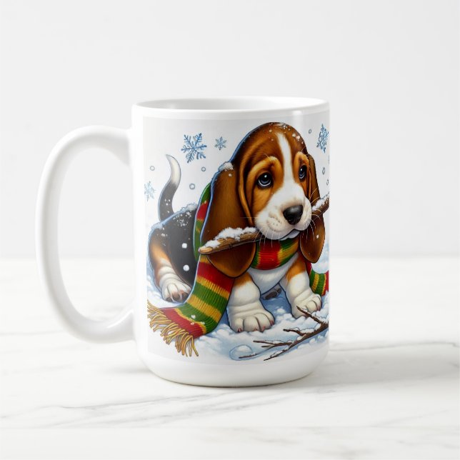 Caneca De Café Filhote de Basset Hound na Neve Com Cachecol e Gal (Esquerda)