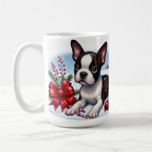 Caneca De Café Filhote de Boston Terrier com Decorações de Natal