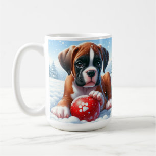 Caneca De Café Filhote de Boxer Brincando na Neve com uma Bola Ve