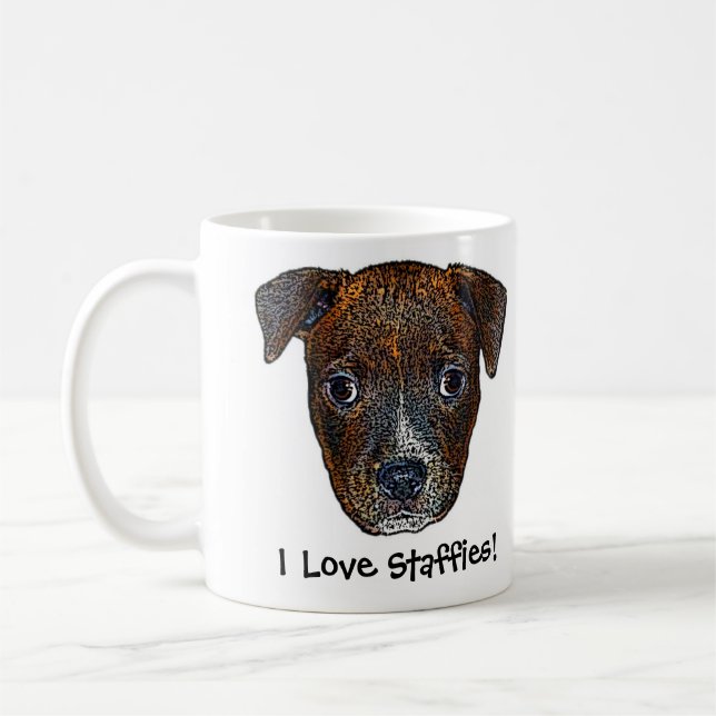 Caneca De Café Filhote de cachorro de Staffie "eu amo Staffies!" (Esquerda)