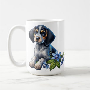 Caneca De Café Filhote de Cão de Caça com Marcas Azuis com Flores