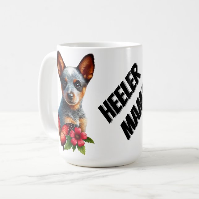 Caneca De Café Filhote de Heeler Fofo Com Borboleta e Flor  (Frente Esquerda)