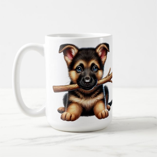 Caneca De Café Filhote de Pastor Alemão Segurando um Graveto na B (Esquerda)
