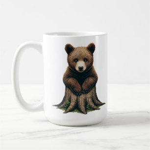 Caneca De Café Filhote de Urso Adorável Sentado em Toco de Árvore