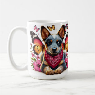 Caneca De Café Filhote Heeler Rodeado por Borboletas e Flores