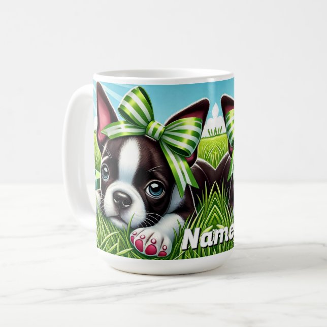 Caneca De Café Filhote personalizado de Boston Terrier com Laço V (Frente Esquerda)