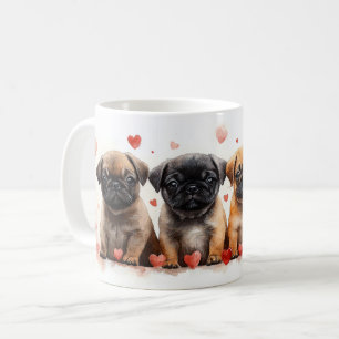 Caneca De Café Filhotes de Pug com Corações - Dia dos Namorados