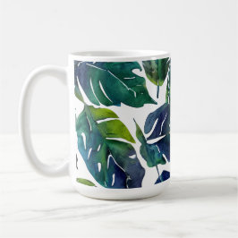 Caneca De Café Filodendron Botânico de Folhagem Verde e Azul