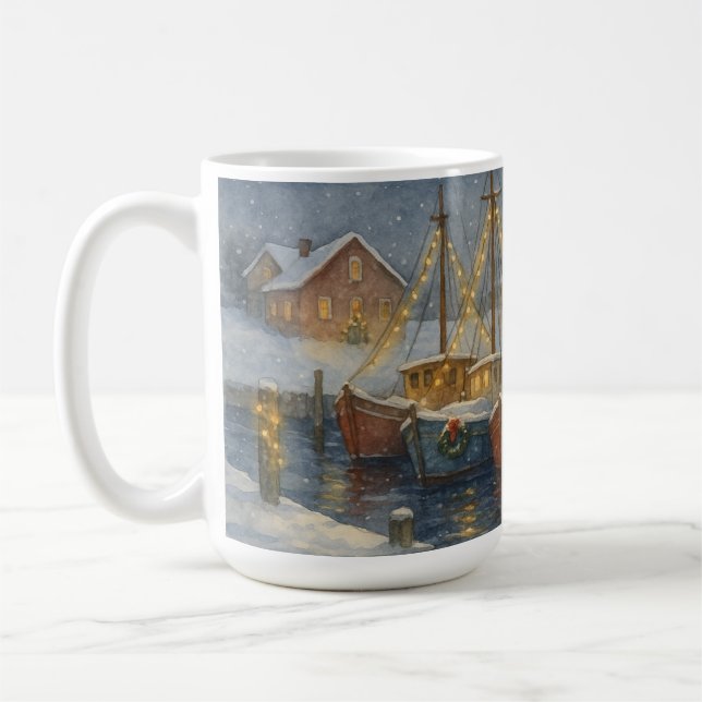 Caneca De Café Fishing Boats in Harbor Christmas (Esquerda)