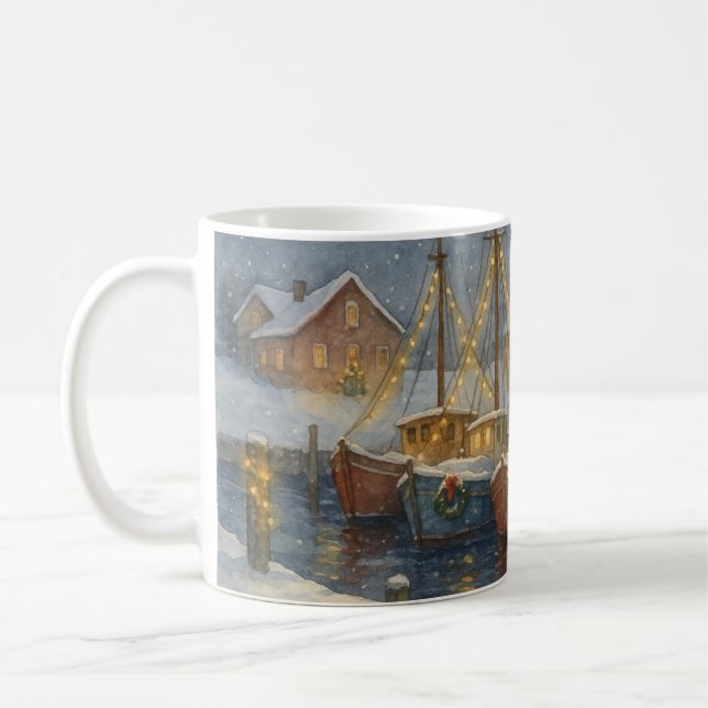 Caneca De Café Fishing Boats in Harbor Christmas (Esquerda)