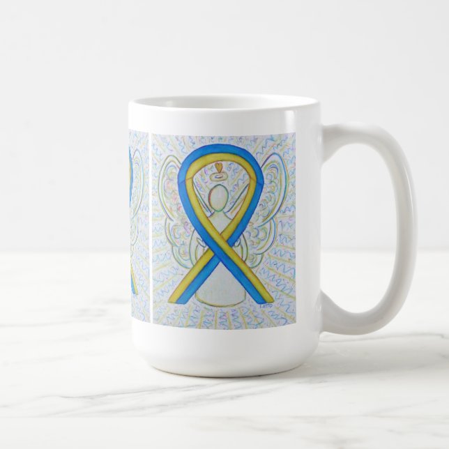Caneca De Café Fita de anjo de arte azul e amarela (Direita)