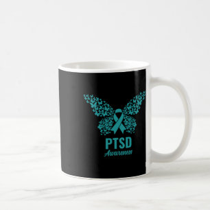 Caneca De Café Fita Teal Com Borboletas - Sensibilização Ptsd
