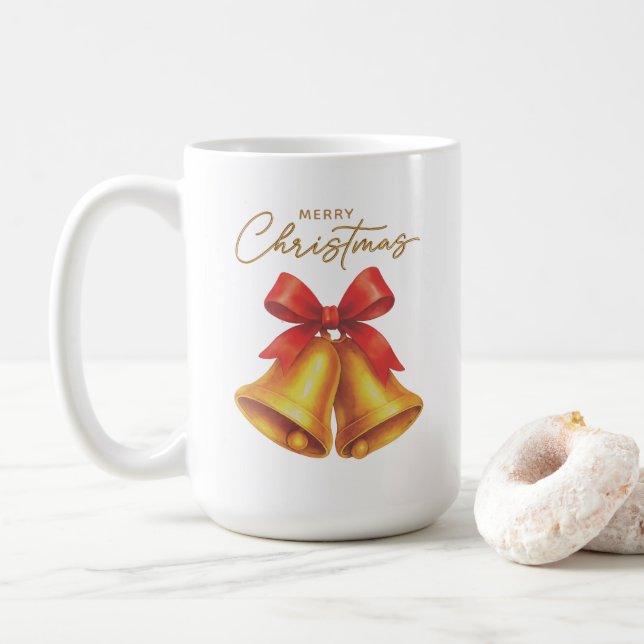 Caneca De Café Fita Vermelha Clássica e Natal de Script Dourado (Com Donut)