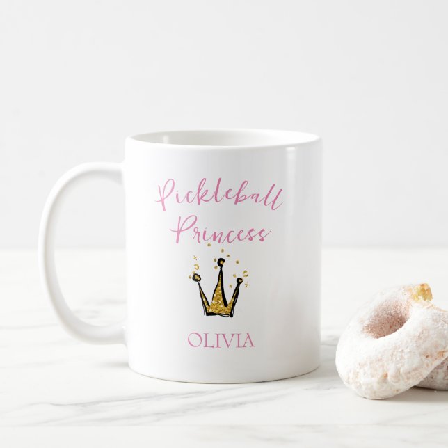 Caneca De Café Fixe-Pickleball Princesa Dourada Glitter Tiara Ros (Com Donut)