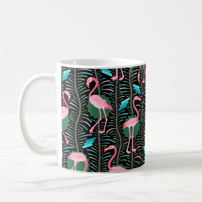 Caneca De Café Flamingo Birds 20s Deco Ferns Padrão Preto Verde (Esquerda)