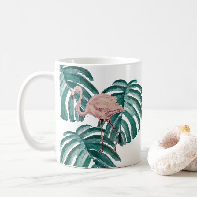 Caneca De Café Flamingo Botânico Impressão em Verde (Com Donut)