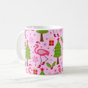 Caneca De Café Flamingo de Natal Tropical Com Pinheiro no Rosa