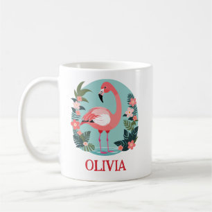 Caneca De Café Flamingo e Flores, cor-de-rosa, bem como cartoons 