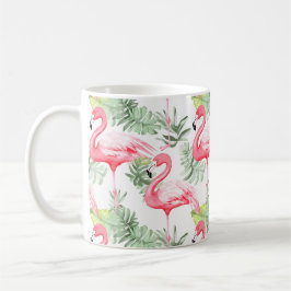 Caneca De Café Flamingo e Folhas Tropicais Coloridas