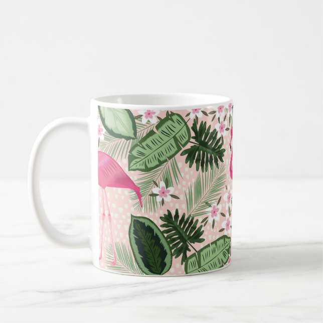 Caneca De Café Flamingo e palmeiras, ilustração uniforme (Esquerda)