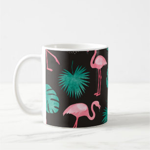 Caneca De Café Flamingo, folhas de palma: aquarela tropical.