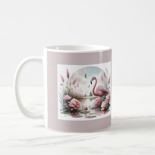 Caneca De Café Flamingo na cena floral de Pastel Pond (Esquerda)