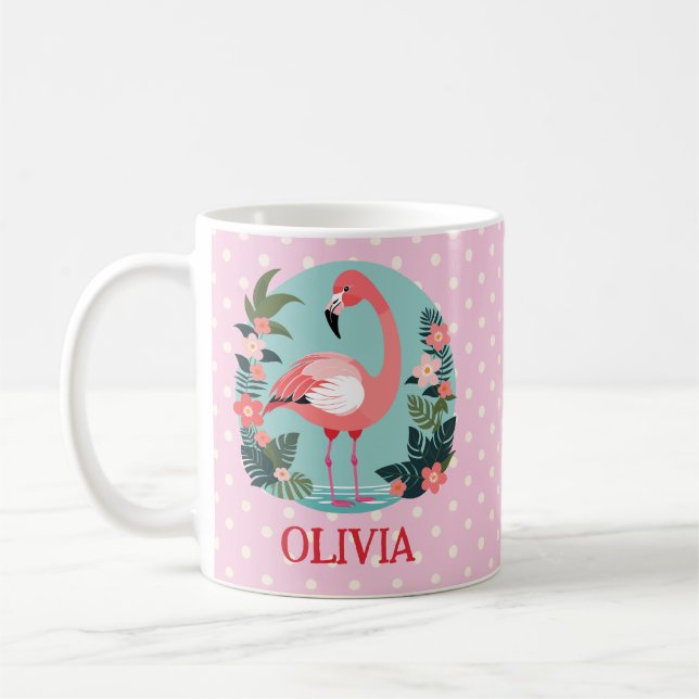 Caneca De Café Flamingo Rosa Desenho Animado Fofo e Bolinhas (Esquerda)