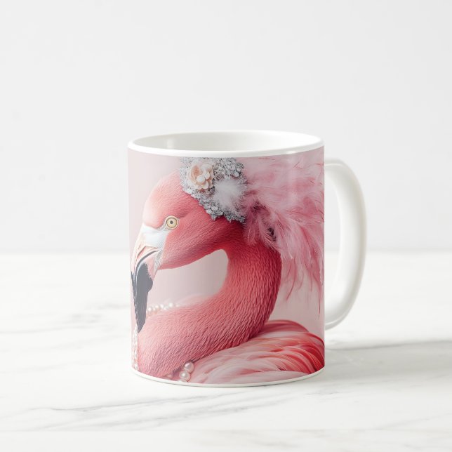 Caneca De Café Flamingo Rosa Elegante com Pérolas e Penas (Frente Esquerda)